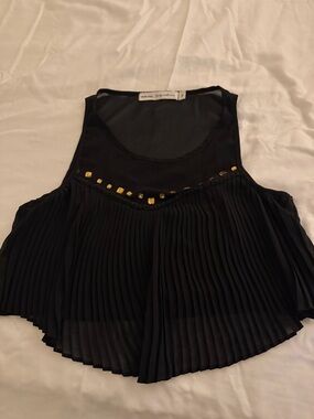 Black Pleated Sleeveless Tank with Gold Stud Accent